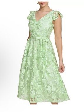 Kensie Women's Size 8 Mint Green Floral Embroidered Mesh A-Line Midi Dress NWT